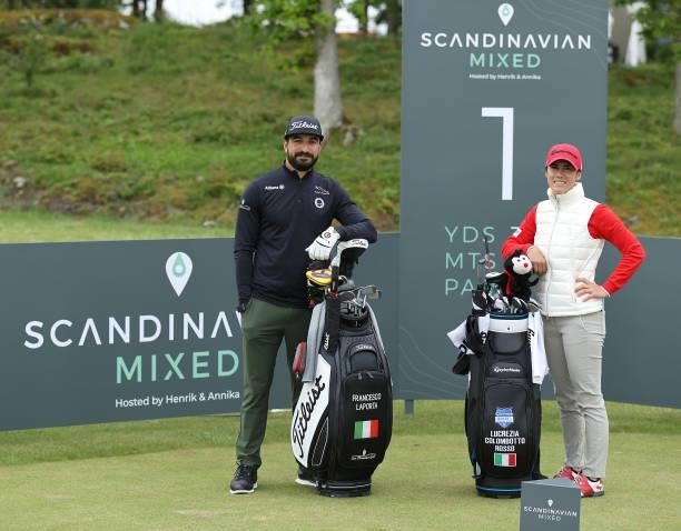 Francesco Laporta of Italy and Lucrezia Colombotto Rosso of Italy pose for a pictured as they play a practice round ahead of the Scandinavian Mixed...