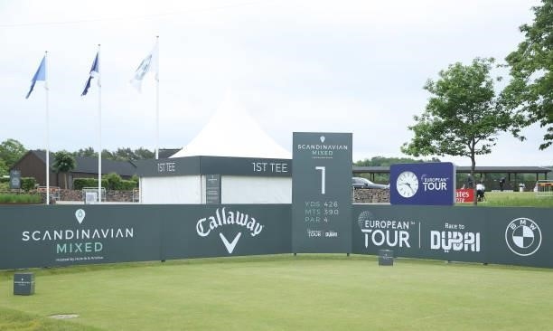 The first tee is pictured ahead of the Scandinavian Mixed Hosted by Henrik and Annika at Vallda Golf & Country Club on June 08, 2021 in Gothenburg,...