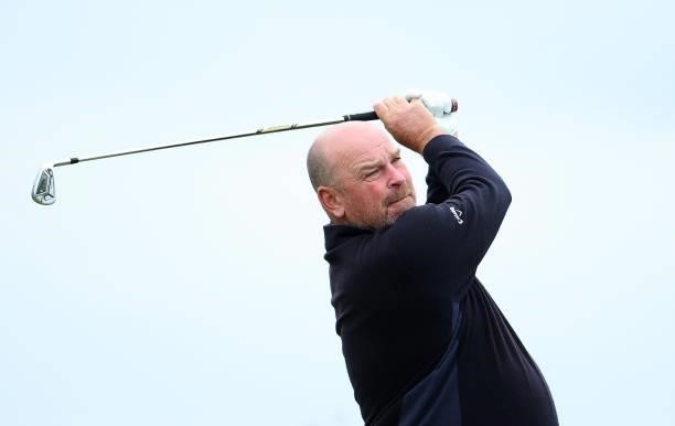 Thomas Bjorn of Denmark practices ahead of the Scandinavian Mixed Hosted by Henrik and Annika at Vallda Golf & Country Club on June 08, 2021 in...
