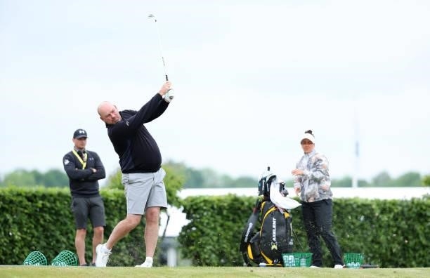 Thomas Bjorn of Denmark practices ahead of the Scandinavian Mixed Hosted by Henrik and Annika at Vallda Golf & Country Club on June 08, 2021 in...