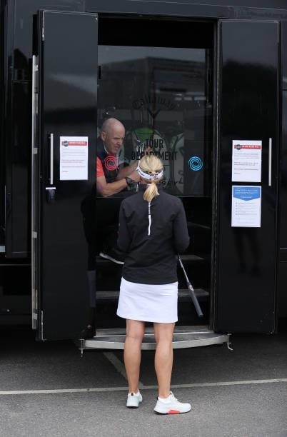 Linda Wessberg of Sweden visits the Callaway Tour truck for repairs ahead of the Scandinavian Mixed Hosted by Henrik and Annika at Vallda Golf &...
