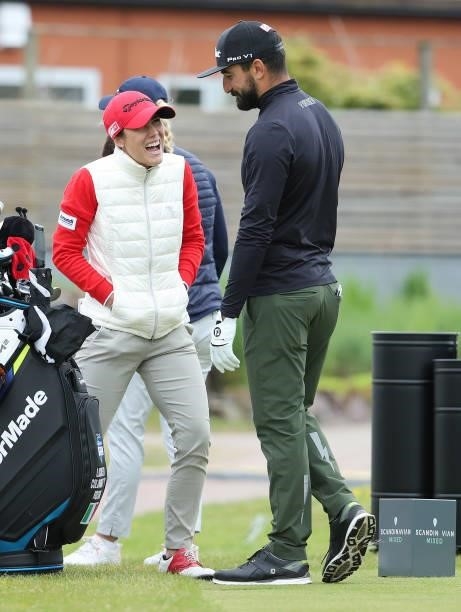 Lucrezia Colombotto Rosso and Francesco Laporta of Italy share a joke as they play a practice round ahead of the Scandinavian Mixed Hosted by Henrik...