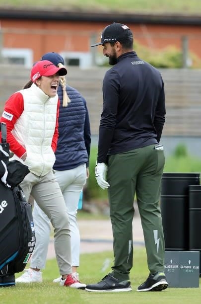 Lucrezia Colombotto Rosso and Francesco Laporta of Italy share a joke as they play a practice round ahead of the Scandinavian Mixed Hosted by Henrik...