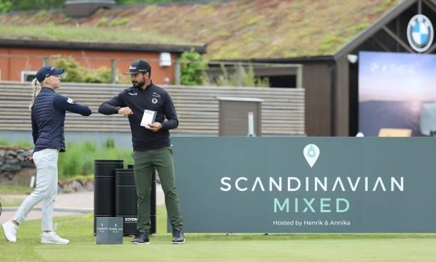 Camille Chevalier of France and Francesco Laporta of Italy play a practice round ahead of the Scandinavian Mixed Hosted by Henrik and Annika at...