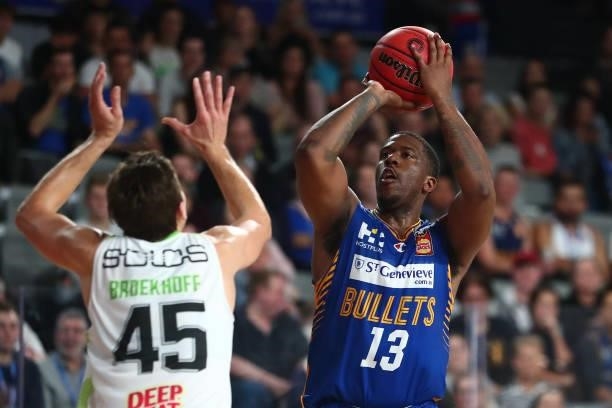 Lamar Patterson of the Bullets shoots during the round 21 NBL match between the Brisbane Bullets and the South East Melbourne Phoenix at Nissan...