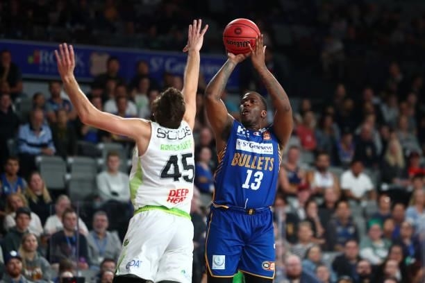 Lamar Patterson of the Bullets shoots during the round 21 NBL match between the Brisbane Bullets and the South East Melbourne Phoenix at Nissan...