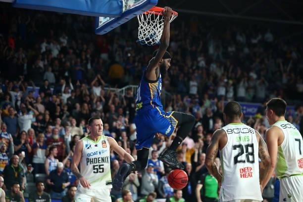 Johnson of the Bullets dunks during the round 21 NBL match between the Brisbane Bullets and the South East Melbourne Phoenix at Nissan Arena, on June...
