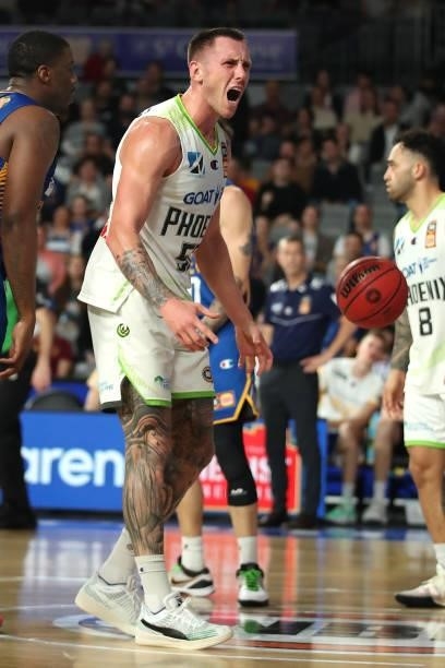Mitch Creek of the Phoenix yells at the game referee during the round 21 NBL match between the Brisbane Bullets and the South East Melbourne Phoenix...