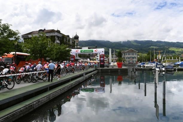 The Peloton at start in Lachen City during the 84th Tour de Suisse 2021, Stage 3 a 185km stage from Lachen to Pfaffnau 509m / Boats / Fans / Public /...