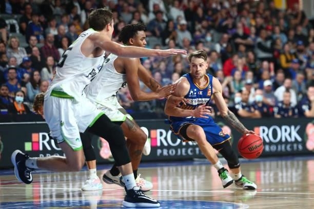 Nathan Sobey of the Bullets drives to the basket during the round 21 NBL match between the Brisbane Bullets and the South East Melbourne Phoenix at...