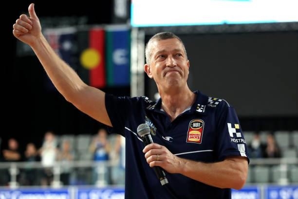 Bullets coach Andrej Lemanis thanks the crowd after his last game as coach, during the round 21 NBL match between the Brisbane Bullets and the South...