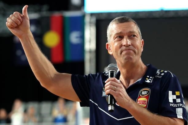 Bullets coach Andrej Lemanis thanks the crowd after his last game as coach, during the round 21 NBL match between the Brisbane Bullets and the South...