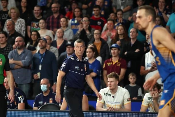 Bullets coach Andrej Lemanis looks on during the round 21 NBL match between the Brisbane Bullets and the South East Melbourne Phoenix at Nissan...