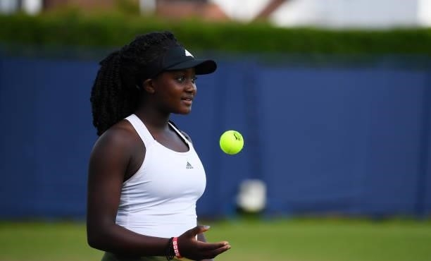 Hephzibah Oluwadare looks on prior to her match against Alicia Dudeney during the Junior National Tennis Championships at Surbiton Racket & Fitness...