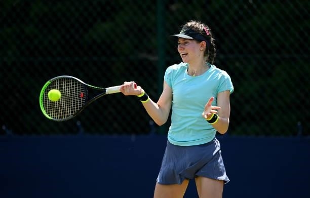 Kylie Bilchev hits a forehand during her match against Sofia Johnson during the Junior National Tennis Championships at Surbiton Racket & Fitness...