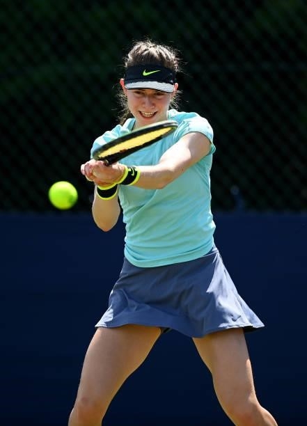 Kylie Bilchev hits a backhand during her match against Sofia Johnson during the Junior National Tennis Championships at Surbiton Racket & Fitness...