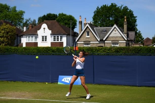 Sally Pethybridge hits a forehand during her game against Eleanor Nobbs during the Junior National Tennis Championships at Surbiton Racket & Fitness...