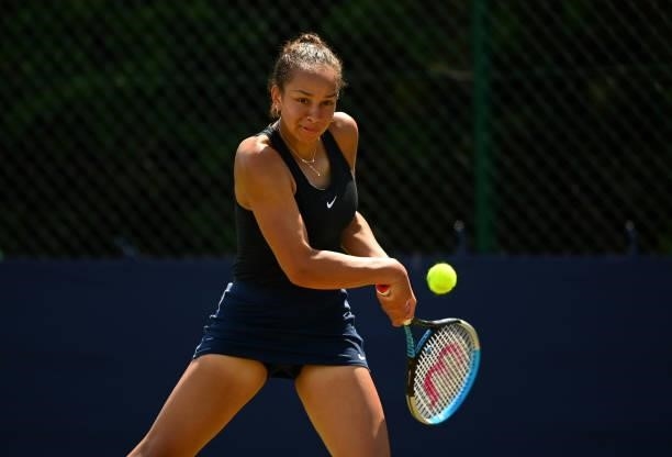 Sofia Johnson hits a backhand during her match against Kylie Bilchev during the Junior National Tennis Championships at Surbiton Racket & Fitness...