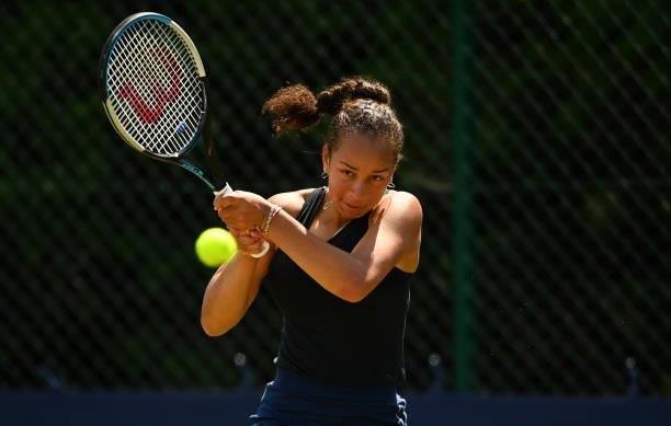 Sofia Johnson hits a backhand during her match against Kylie Bilchev during the Junior National Tennis Championships at Surbiton Racket & Fitness...