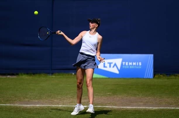 Alicia Dudeney hits a forehand during her match against Hephzibah Oluwadare during the Junior National Tennis Championships at Surbiton Racket &...