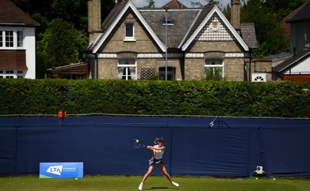 Alicia Dudeney hits a backhand during her match against Hephzibah Oluwadare during the Junior National Tennis Championships at Surbiton Racket &...