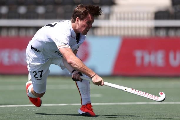 Tom Boon of Belgium shoots on goal during the Euro Hockey Championships Men match between Belgium and Russia at Wagener Stadion on June 08, 2021 in...
