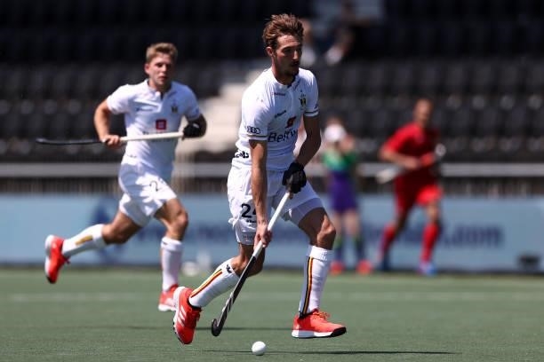Antoine Kina of Belgium in action during the Euro Hockey Championships Men match between Belgium and Russia at Wagener Stadion on June 08, 2021 in...
