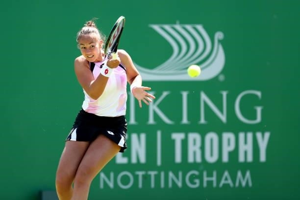 Lesley Pattinama Kerkhove of the Netherlands plays a forehand against Johanna Konta of Great Britain during Day 4 of the Viking Nottingham Open at...