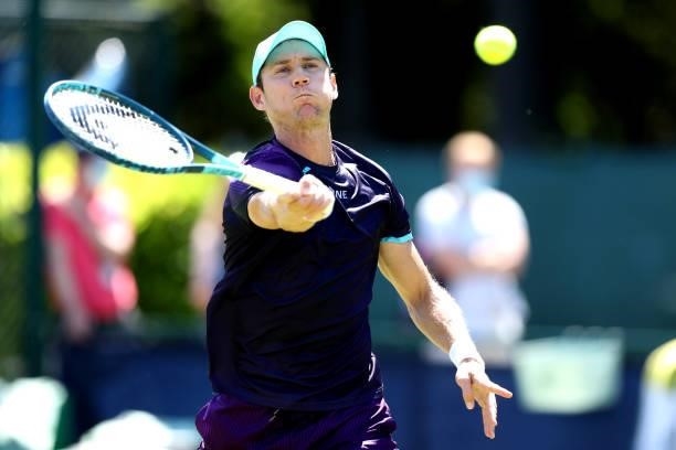 Matthew Ebden of Australia plays a forehand against Ryan Peniston of Great Britain during Day 4 of the Viking Nottingham Open at Nottingham Tennis...