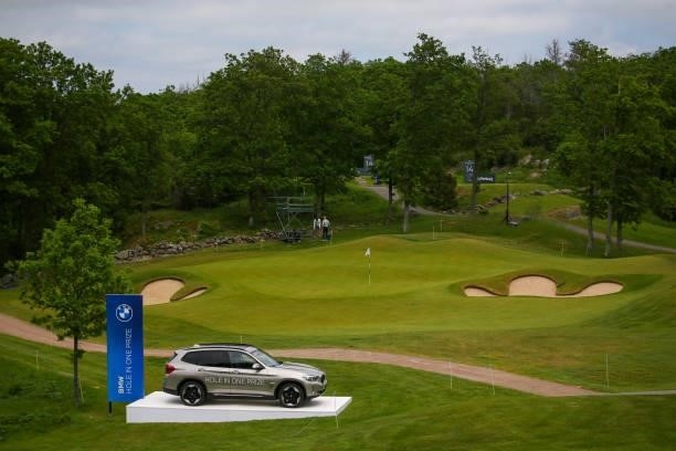 View of the hole in one prize on the 15th hole during a practice round ahead of the Scandinavian Mixed Hosted by Henrik and Annika at Vallda Golf &...