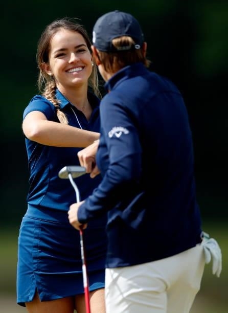 Annika Sorenstam of Sweden and Luiza Altmann of Brazil plays a practice round ahead of the Scandinavian Mixed Hosted by Henrik and Annika at Vallda...