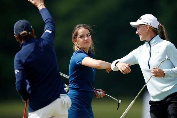 Annika Sorenstam of Sweden and Luiza Altmann of Brazil play a practice round ahead of the Scandinavian Mixed Hosted by Henrik and Annika at Vallda...