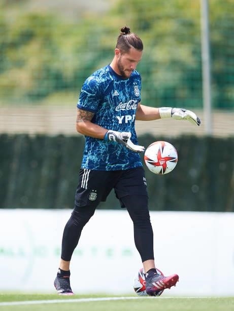 Jeremias Ledesma of Argentina U23 warms up during a Friendly International Match between Denmark and Argentina on June 08, 2021 in Marbella, Spain.