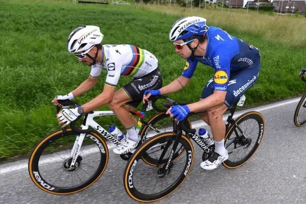 Julian Alaphilippe of France & Álvaro José Hodeg Chagui of Colombia and Team Deceuninck - Quick-Step during the 84th Tour de Suisse 2021, Stage 3 a...