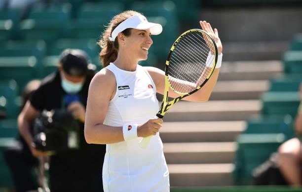 Johanna Konta acknowledges the fans after she wins her game during Day 4 of the Viking Open match between Johanna Konta and Lesley Pattinama Kerkhove...