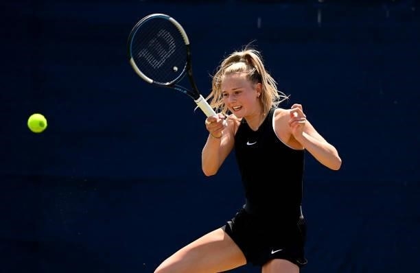 Jessica Dawson hits a forehand during her match against Kristina Paskauskas during the Junior National Tennis Championships at Surbiton Racket &...