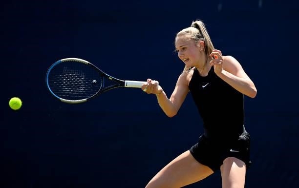 Jessica Dawson hits a forehand during her match against Kristina Paskauskas during the Junior National Tennis Championships at Surbiton Racket &...