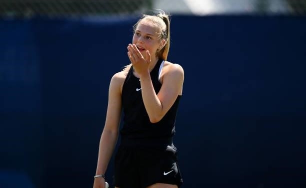Jessica Dawson during her match against Kristina Paskauskas during the Junior National Tennis Championships at Surbiton Racket & Fitness Club on June...