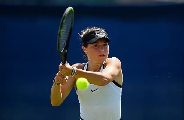 Amy Leather hits a backhand during her match against Jaquelyn Ogunwale during the Junior National Tennis Championships at Surbiton Racket & Fitness...