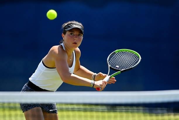 Amy Leather hits a backhand during her match against Jaquelyn Ogunwale during the Junior National Tennis Championships at Surbiton Racket & Fitness...