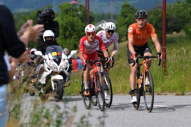 Rémy Rochas of France and Team Cofidis, Mathias Frank of Switzerland and AG2R Citröen Team & Benjamin King of United States and Team Rally Cycling in...