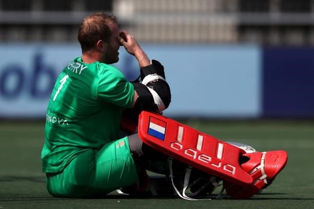 Goalkeeper, Arthur Thieffrey of France looks dejected after defeat in the final second the Euro Hockey Championships Men match between France and...