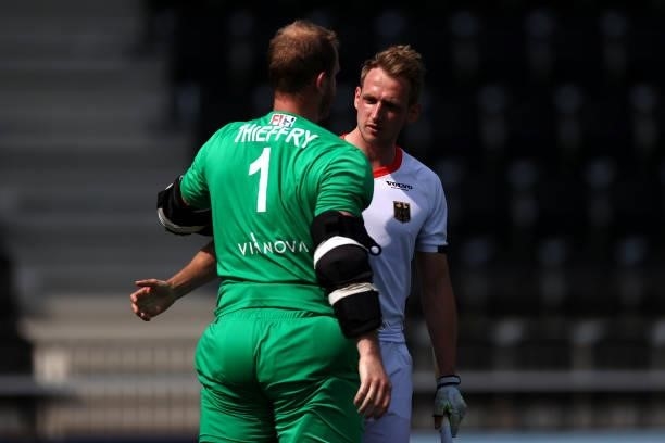Goalkeeper, Arthur Thieffrey of France looks dejected after defeat in the final second as he speaks to Niklas Wellen of Germany in the Euro Hockey...