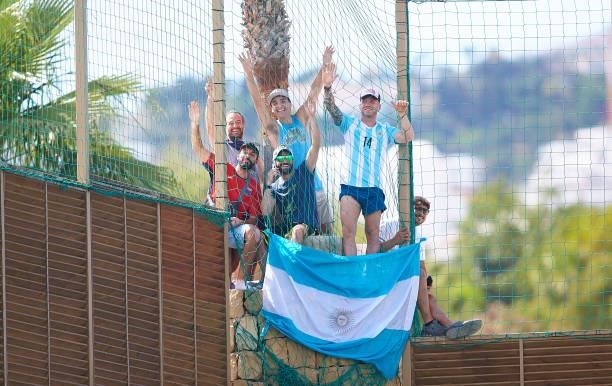 Fans of Argentina cheer outside the stadium during a Friendly International Match between Denmark and Argentina on June 08, 2021 in Marbella, Spain.