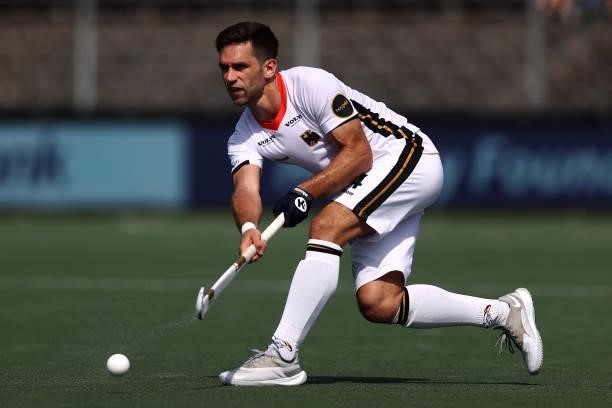 Lukas Windfeder of Germany in action during the Euro Hockey Championships Men match between France and Germany at Wagener Stadion on June 08, 2021 in...