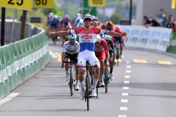 Mathieu Van Der Poel of Netherlands and Team Alpecin-Fenix celebrates at arrival during the 84th Tour de Suisse 2021, Stage 3 a 185km stage from...