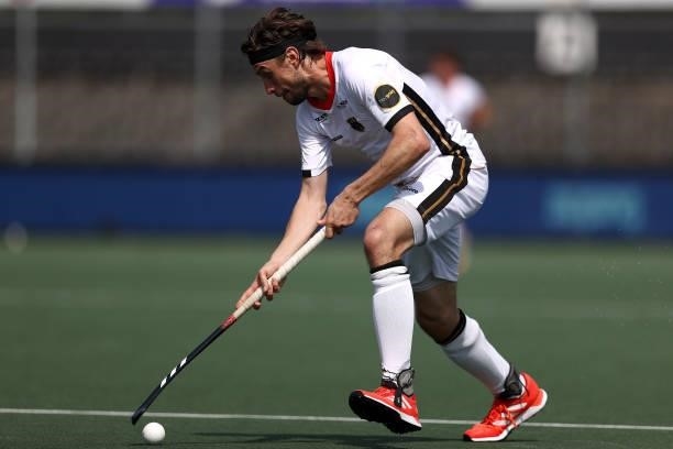 Florian Fuchs of Germany in action during the Euro Hockey Championships Men match between France and Germany at Wagener Stadion on June 08, 2021 in...