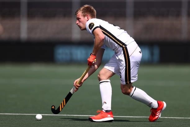 Linus Moeller of Germany in action during the Euro Hockey Championships Men match between France and Germany at Wagener Stadion on June 08, 2021 in...