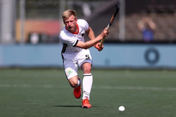 Linus Moeller of Germany in action during the Euro Hockey Championships Men match between France and Germany at Wagener Stadion on June 08, 2021 in...