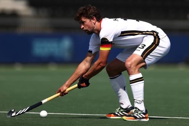 Tobias Hauke of Germany in action during the Euro Hockey Championships Men match between France and Germany at Wagener Stadion on June 08, 2021 in...